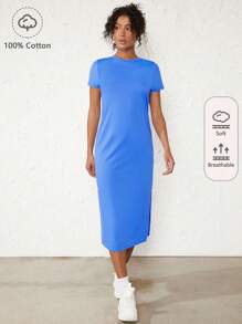 SHEIN BASICS Solid Split Thigh Tee Dress - Royal Blue - View 1