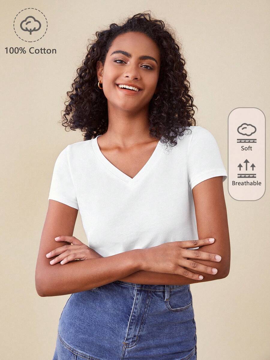 SHEIN BASICS 夏季v領純色短袖t恤 - 白色 - 查看 1