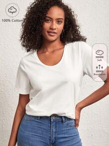 SHEIN BASICS Chất rắn Scoop Cổ Ngắn tay Áo thun Cho mùa hè - trắng - Xem 1