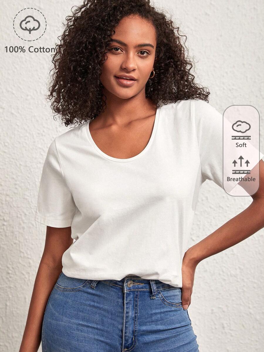 SHEIN BASICS Chất rắn Scoop Cổ Ngắn tay Áo thun Cho mùa hè - trắng - Xem 1