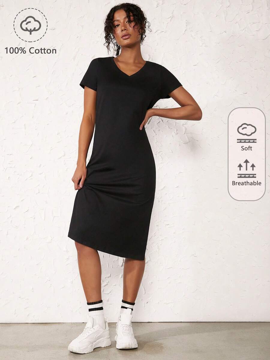 SHEIN BASICS Solid V Neck Tee Dress - Black - View 1