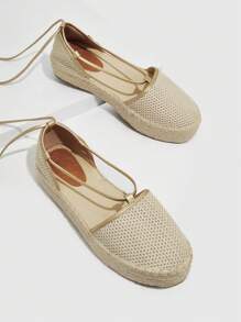 Styleloop 女士腿部繫帶設計編織條帶宮廷度假戶外厚底鞋 - 杏色 - 查看 5