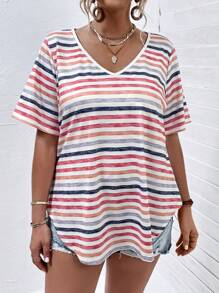 SHEIN LUNE Áo thun Plus size Bất đối xứng Sọc Giải trí - Nhiều màu - Xem 3
