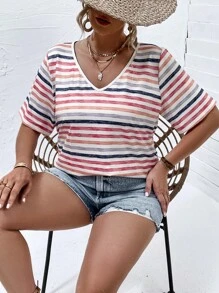 SHEIN LUNE Áo thun Plus size Bất đối xứng Sọc Giải trí - Nhiều màu - Xem 4