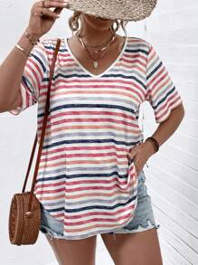 SHEIN LUNE Áo thun Plus size Bất đối xứng Sọc Giải trí - Nhiều màu - Xem 5