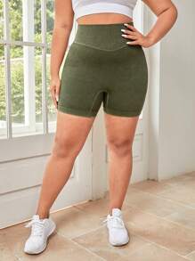 Plus Wide Waistband Sports Shorts, Biker Shorts - Army Green - View 2