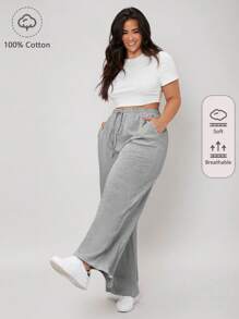 SHEIN BASICS Pantalón de chándal con cintura con cordón y pierna ancha, talla extra, para invierno