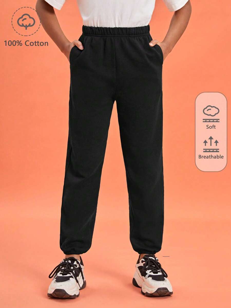 SHEIN Girls 100% Cotton Solid Slant Pocket Joggers - Black - View 1