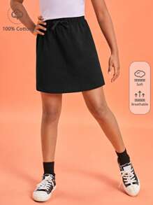 SHEIN Tween Girls Solid Drawstring Waist Skirt - Black - View 1