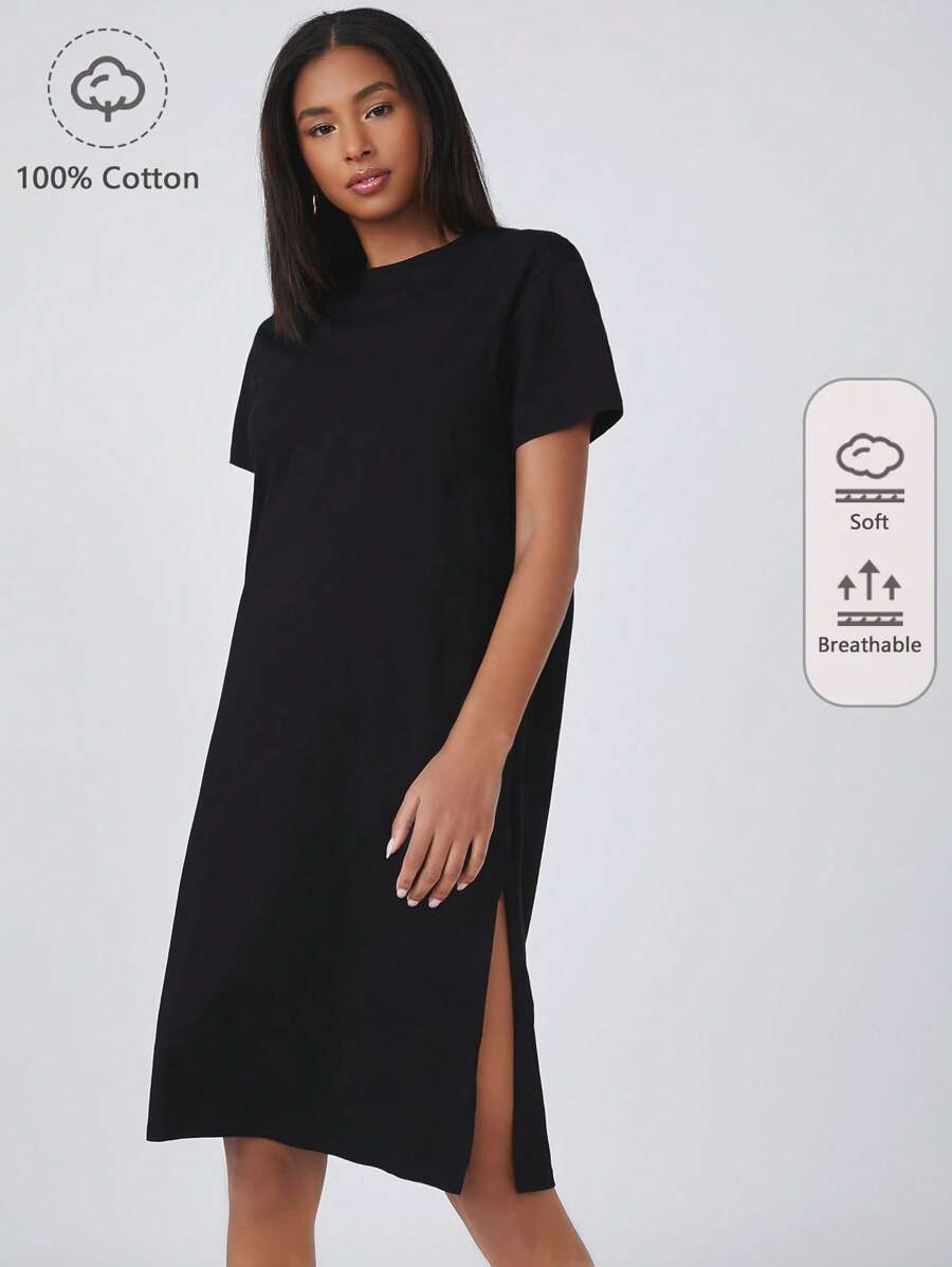 SHEIN BASICS Split Hem Round Neck Casual Solid Tee Dress - Black - View 1