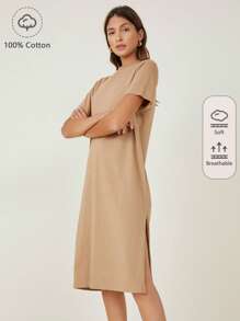SHEIN BASICS Vestido De Camiseta Sólido Con Dobladillo Dividido - Caqui - Ver 1
