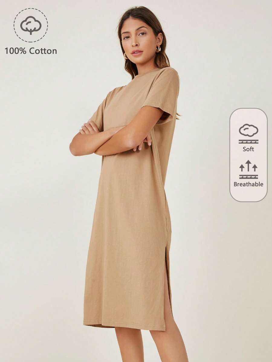 SHEIN BASICS Vestido De Camiseta Sólido Con Dobladillo Dividido - Caqui - Ver 1