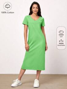 SHEIN BASICS Solid V Neck Tee Dress - Green - View 1