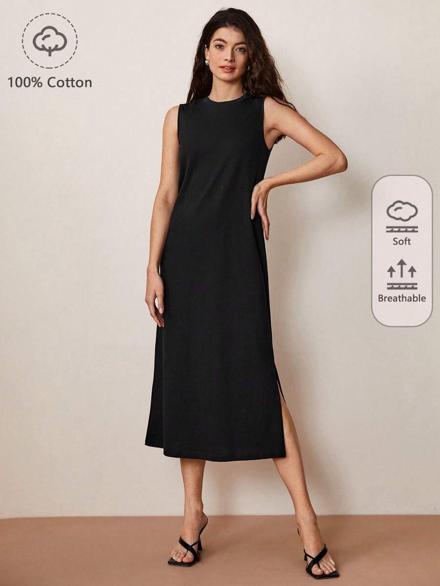 SHEIN BASICS Split Hem Solid Dress - Black - View 1