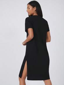 SHEIN BASICS Split Hem Round Neck Casual Solid Tee Dress - Black - View 2
