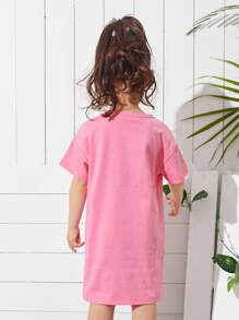 SHEIN Young Girl Toddler Girls 100% Cotton Split Side Dip Hem Dress - Pink - View 2