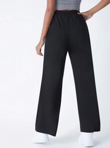 SHEIN BASICS Terry Fleece  Drawstring Waist Slant Pocket Palazzo Pants - Black - View 2