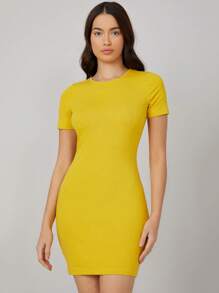 SHEIN BASICS 素色包臀連衣裙 - 黃色 - 查看 3