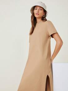 SHEIN BASICS Vestido De Camiseta Sólido Con Dobladillo Dividido - Caqui - Ver 4