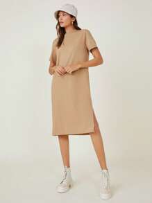SHEIN BASICS Vestido De Camiseta Sólido Con Dobladillo Dividido - Caqui - Ver 5