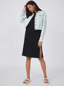 SHEIN BASICS Split Hem Round Neck Casual Solid Tee Dress - Black - View 5