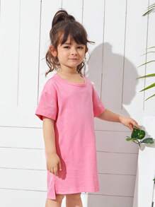 SHEIN Young Girl Toddler Girls 100% Cotton Split Side Dip Hem Dress - Pink - View 4