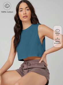 SHEIN BASICS NỮ Tối giản Màu thuần Không tay Dệt kim Áo - Màu xanh bụi bặm - Xem 1