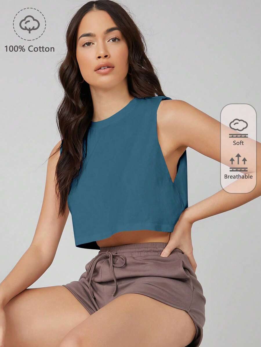 SHEIN BASICS NỮ Tối giản Màu thuần Không tay Dệt kim Áo - Màu xanh bụi bặm - Xem 1