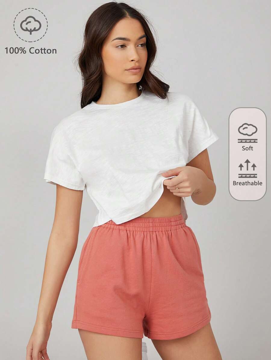 SHEIN BASICS Áo thun tay cánh dơi thời trang đơn giản hàng ngày - trắng - Xem 1