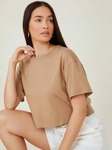 SHEIN BASICS Drop Shoulder Solid Crop Tee - Camel - View 3