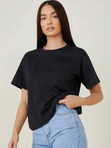 SHEIN BASICS Round Neck Casual Drop Shoulder Solid Tee