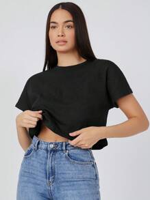 SHEIN BASICS Women's Summer Solid Color Round Neck Batwing Short Sleeve Loose Casual T-Shirt - Black - View 3
