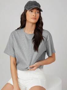 SHEIN BASICS 女士夏季落肩纯色短款T恤 - 灰色 - 查看 3