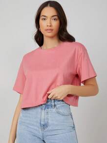 SHEIN BASICS Drop Shoulder Solid Crop Tee - Dusty Pink - View 1