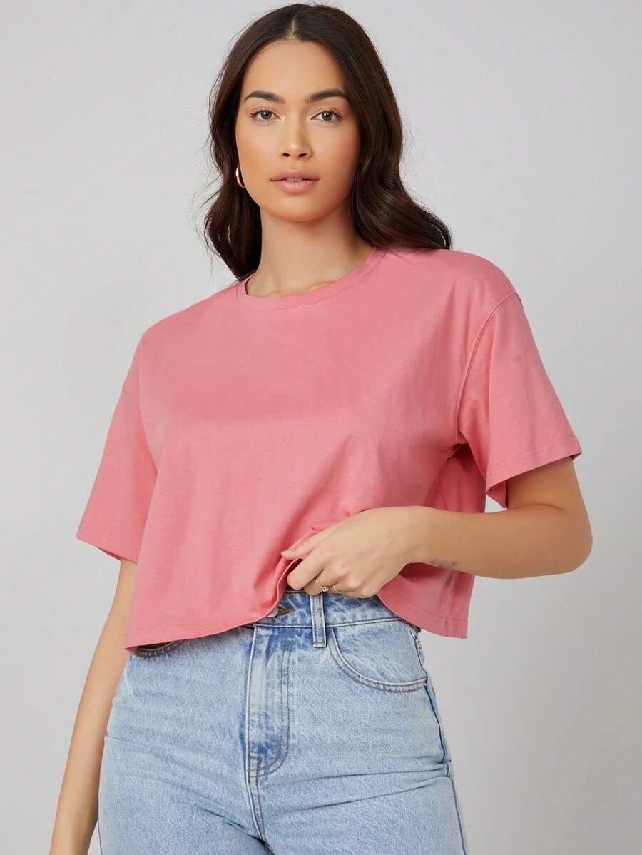 SHEIN BASICS Drop Shoulder Solid Crop Tee - Dusty Pink - View 1