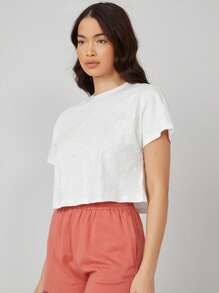 SHEIN BASICS Áo thun tay cánh dơi thời trang đơn giản hàng ngày - trắng - Xem 4