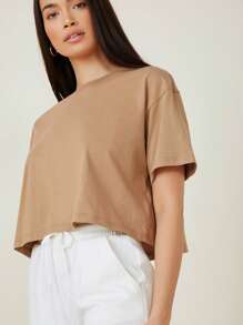 SHEIN BASICS Drop Shoulder Solid Crop Tee - Camel - View 4