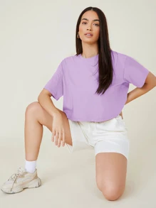 SHEIN BASICS Casual Solid Drop Shoulder Crop Tee