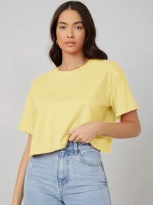 SHEIN BASICS Casual Solid Drop Shoulder Crop Tee