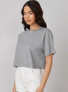 SHEIN BASICS 女士夏季落肩纯色短款T恤 - 灰色 - 查看 4