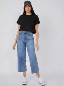 SHEIN BASICS Women's Summer Solid Color Round Neck Batwing Short Sleeve Loose Casual T-Shirt - Black - View 4