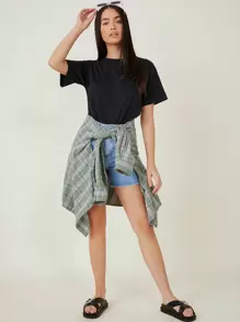 SHEIN BASICS Round Neck Casual Drop Shoulder Solid Tee