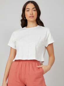 SHEIN BASICS Áo thun tay cánh dơi thời trang đơn giản hàng ngày - trắng - Xem 5