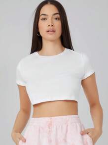 SHEIN BASICS Cuffed Sleeve Solid Crop Tee - White - View 5