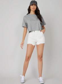 SHEIN BASICS 女士夏季落肩纯色短款T恤 - 灰色 - 查看 5