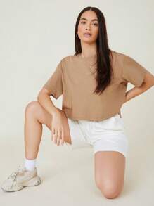 SHEIN BASICS Drop Shoulder Solid Crop Tee - Camel - View 5