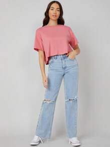 SHEIN BASICS Drop Shoulder Solid Crop Tee - Dusty Pink - View 5