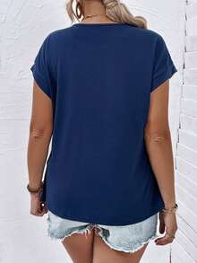 SHEIN LUNE 大碼蕾絲拼接蝙蝠袖T恤 - 藏蓝色 - 查看 2