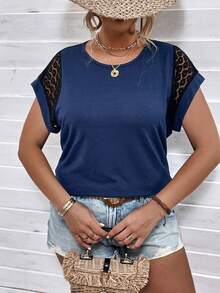 SHEIN LUNE 大碼蕾絲拼接蝙蝠袖T恤 - 藏蓝色 - 查看 3