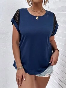 SHEIN LUNE 大碼蕾絲拼接蝙蝠袖T恤 - 藏蓝色 - 查看 4
